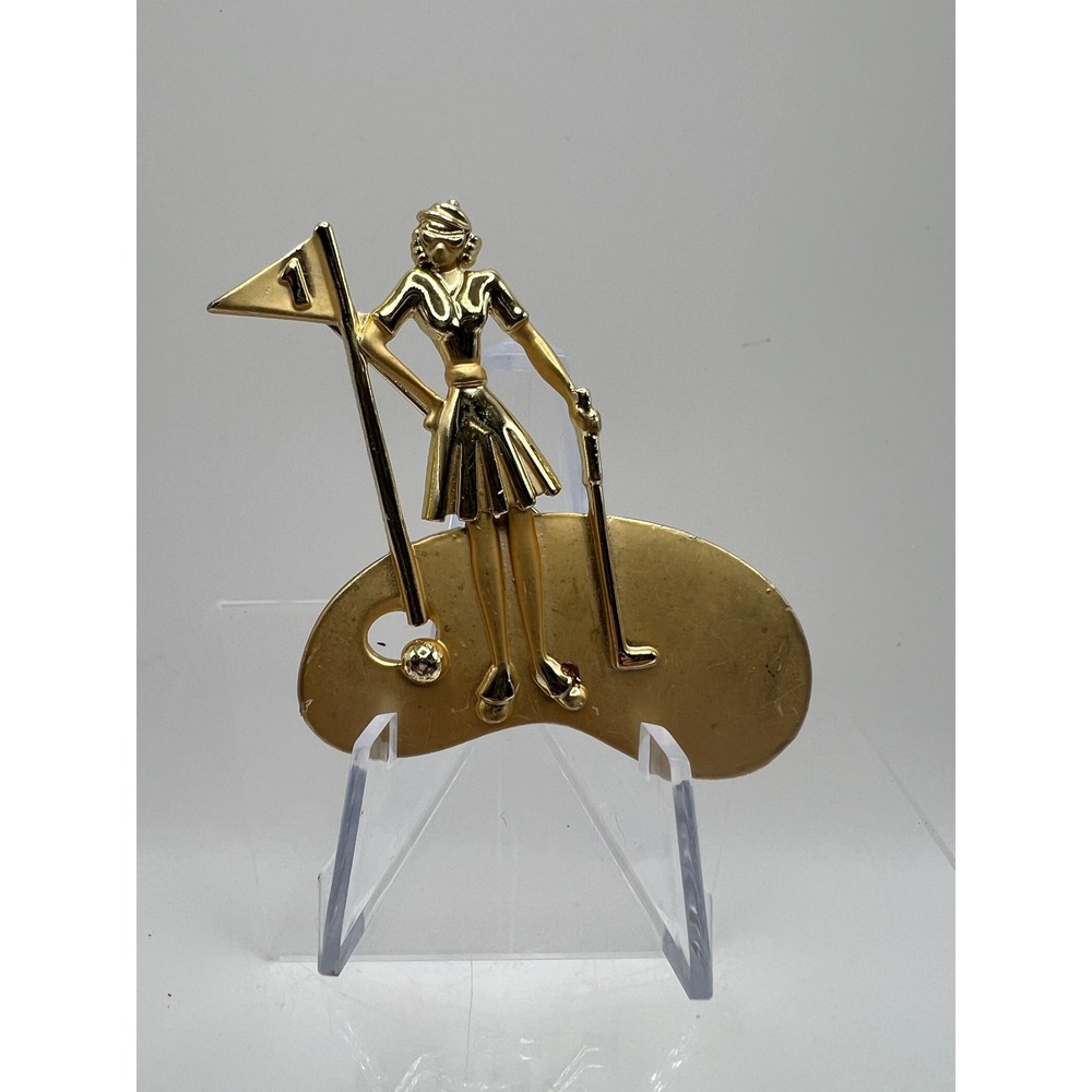 AJC Women Golfer Brooch Vintage Pin Golfcore Preppy Old Money Gold Tone Metal